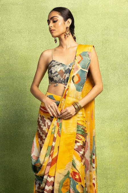 Vedika M_Yellow Tissue, Silk Sequins, Abstract Print Pre-draped Saree And Blouse Set _Online_at_Aza_Fashions