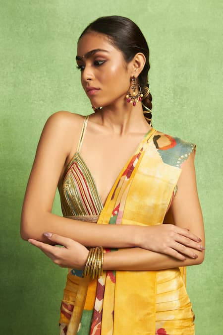 Vedika M_Yellow Tissue Foil Printing, Abstract Pre-stitched Saree And Blouse Set _Online_at_Aza_Fashions