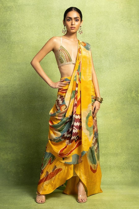 Vedika M Abstract Print Pre-Stitched Saree & Blouse Set