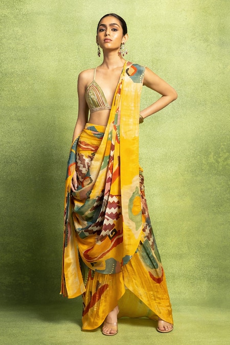 Buy_Vedika M_Yellow Tissue Foil Printing, Abstract Pre-stitched Saree And Blouse Set _Online_at_Aza_Fashions