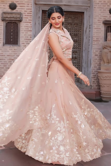 Nidhi Kejriwal_Pink Tissue Embroidery, Sequins, Pearls Collared, V-neck Embellished Lehenga Set _Online_at_Aza_Fashions
