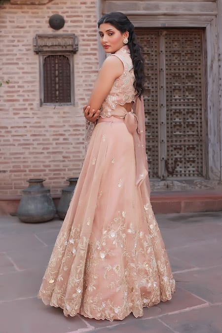 Buy_Nidhi Kejriwal_Pink Tissue Embroidery, Sequins, Pearls Collared, V-neck Embellished Lehenga Set _Online_at_Aza_Fashions