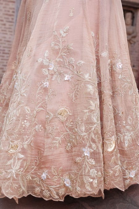 Shop_Nidhi Kejriwal_Pink Tissue Embroidery, Sequins, Pearls Collared, V-neck Embellished Lehenga Set _Online_at_Aza_Fashions