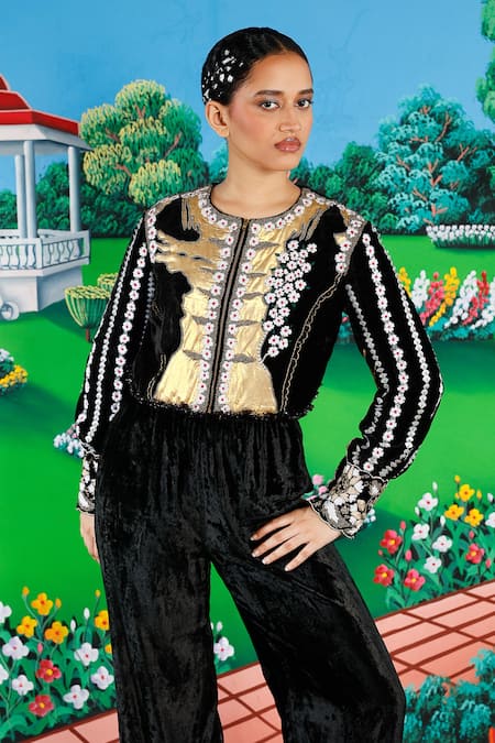 Saksham & Neharicka_Black Velvet Embroidery, Beads, Metallic Thread Round Sindbad Top And Pant Set _Online_at_Aza_Fashions