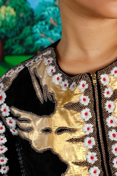 Buy_Saksham & Neharicka_Black Velvet Embroidery, Beads, Metallic Thread Round Sindbad Top And Pant Set _Online_at_Aza_Fashions