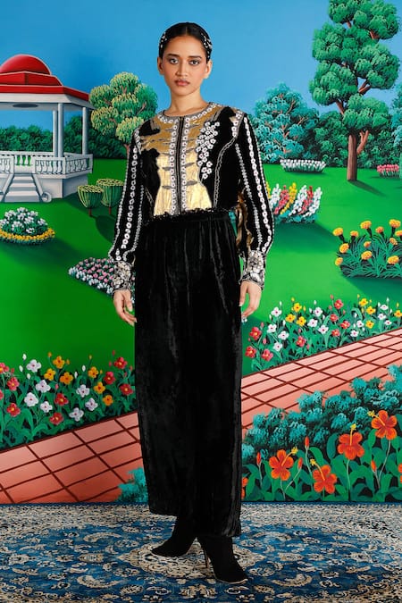 Shop_Saksham & Neharicka_Black Velvet Embroidery, Beads, Metallic Thread Round Sindbad Top And Pant Set _Online_at_Aza_Fashions