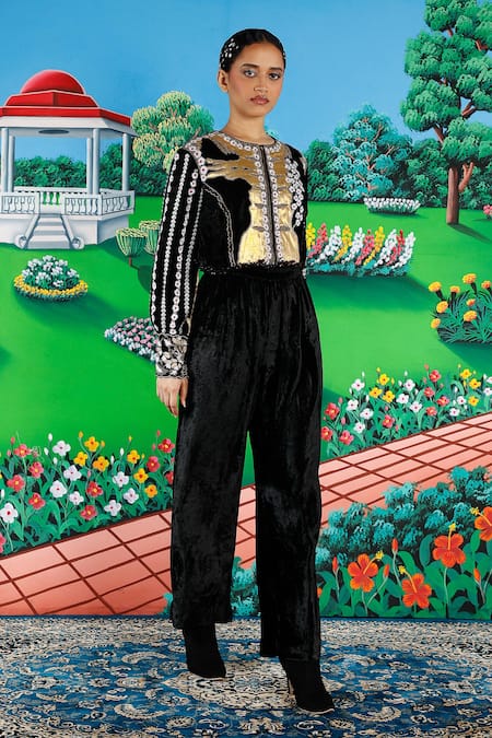 Saksham & Neharicka_Black Velvet Embroidery, Beads, Metallic Thread Round Sindbad Top And Pant Set _at_Aza_Fashions