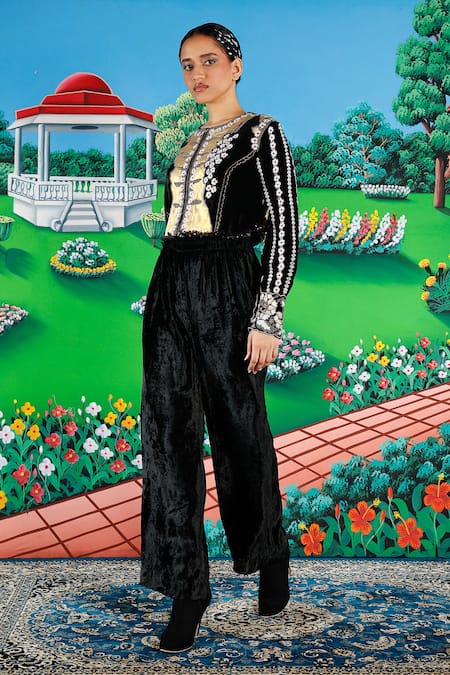 Buy_Saksham & Neharicka_Black Velvet Embroidery, Beads, Metallic Thread Round Sindbad Top And Pant Set 