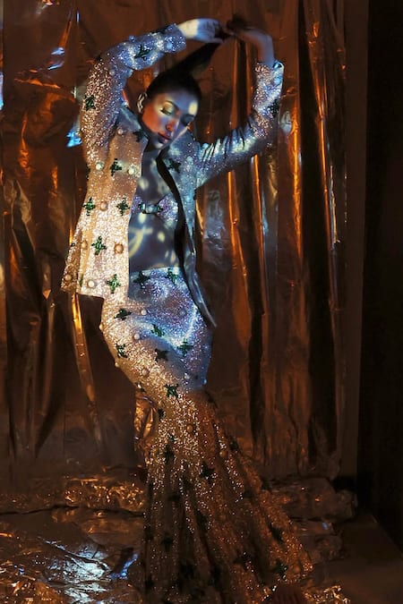 Karn Malhotra Silver Sequin Embellished Jacket Sharara Set 