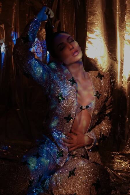 Shop Karn Malhotra Silver Georgette, Polyester, Satin, Viscose Embellished Jacket Sharara Set Shop_Karn Malhotra_Silver Georgette, Polyester, Satin, Viscose Embellished Jacket Sharara Set