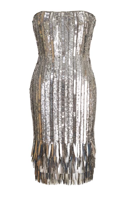 Shop_Karn Malhotra_Silver Satin, Lycra, Polyester Sequins Off-shoulder And Crystal Embellished Dress 