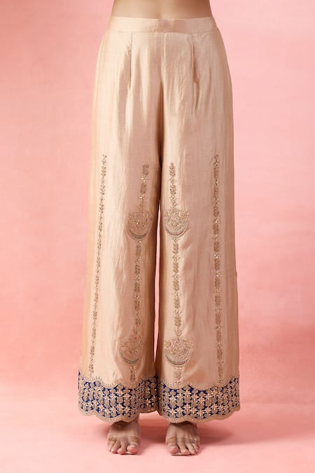 Buy_Surbhi Shah_Gold Embroidery, Mirrors, Sequins Round Neck Kurta Palazzo Set 