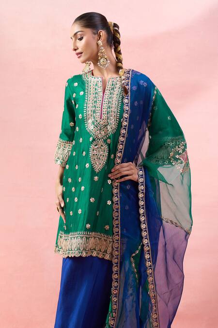 Buy_Surbhi Shah_Green Embroidery, Zari Round Neck Phool Kurta Set 