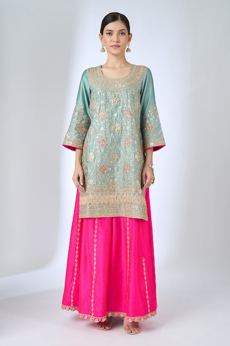 Surbhi Shah Blue Embroidery, Mirrors, Sequins, Gota Patti, Tassels Round Kurta Sharara Set at Aza Fashions Surbhi Shah_Blue Embroidery, Mirrors, Sequins, Gota Patti, Tassels Round Kurta Sharara Set _at_Aza_Fashions