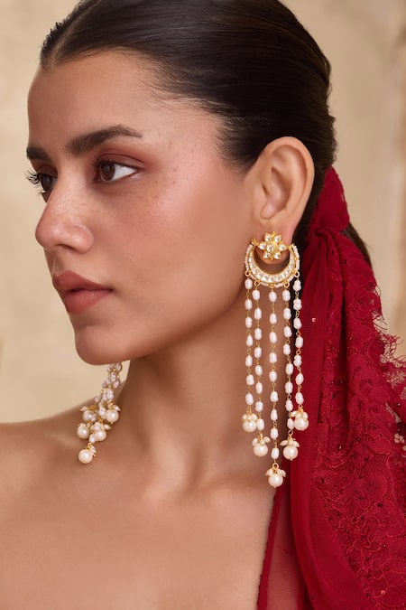 Paisley Pop Kundan Pearls Tassel Crescent Earrings 