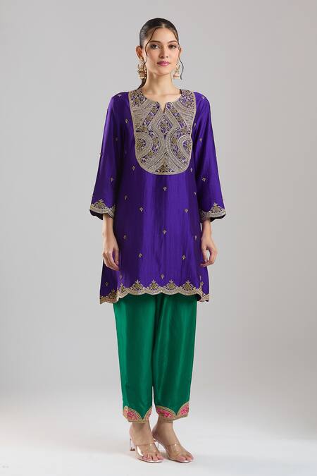 Shop Surbhi Shah Purple Embroidery, Zari, Tassels Split V-neck Kurta Salwar Set Online at Aza Fashions Shop_Surbhi Shah_Purple Embroidery, Zari, Tassels Split V-neck Kurta Salwar Set _Online_at_Aza_Fashions