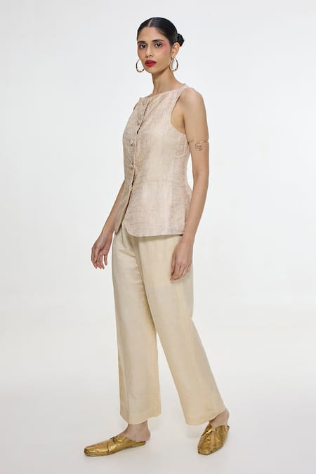 Ekaya Banaras Ivory Satin Round Neck Handwoven Waistcoat And Pant Set Online at Aza Fashions Ekaya Banaras_Ivory Satin Round Neck Handwoven Waistcoat And Pant Set _Online_at_Aza_Fashions