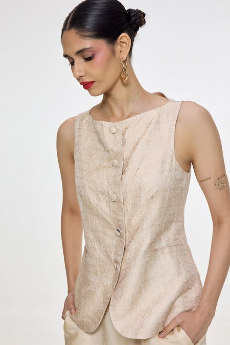 Buy Ekaya Banaras Ivory Satin Round Neck Handwoven Waistcoat And Pant Set Online at Aza Fashions Buy_Ekaya Banaras_Ivory Satin Round Neck Handwoven Waistcoat And Pant Set _Online_at_Aza_Fashions
