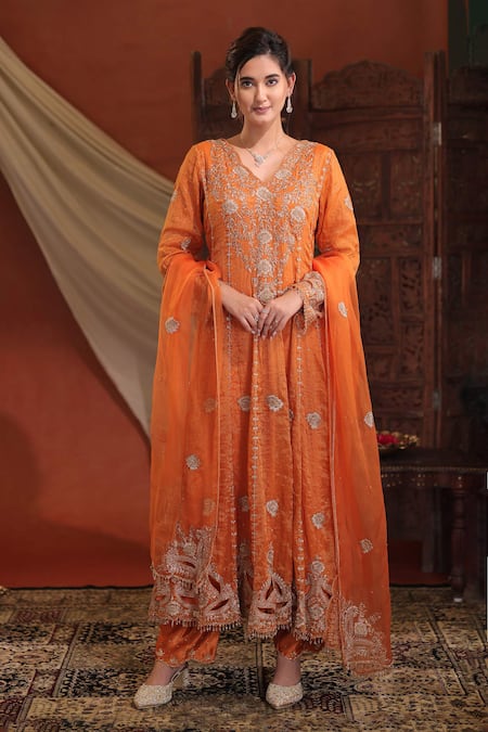 Shop_Farha Syed_Orange Chanderi Silk, Organza Embroidery, Zari, Sequins V-neck Anarkali Set _Online_at_Aza_Fashions