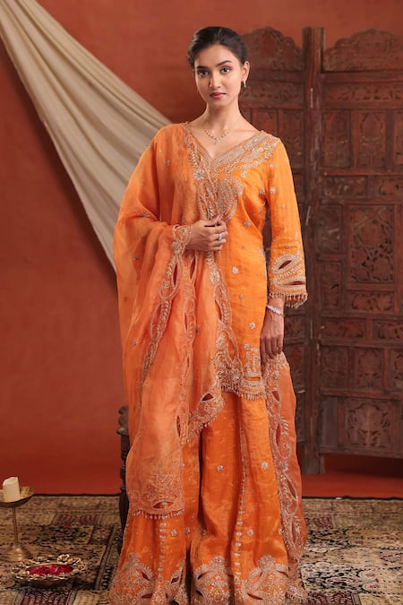 Farha Syed Embroidered Chanderi Silk Tissue Kurta Sharara Set 