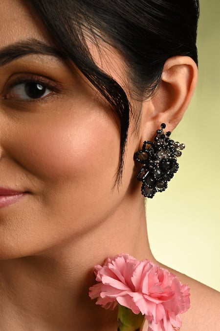 House Of D"Oro Black Beads, Stones Calla Floral Beaded Cluster Stud Earrings 