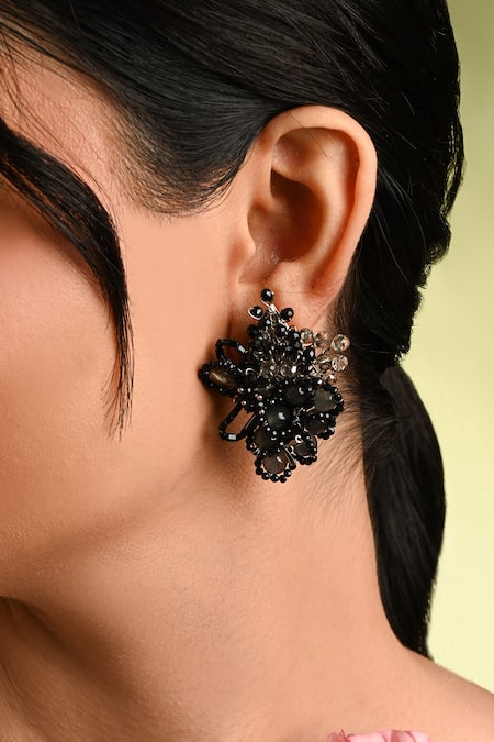 Buy_House Of D"Oro_Black Beads, Stones Calla Floral Beaded Cluster Stud Earrings _Online_at_Aza_Fashions