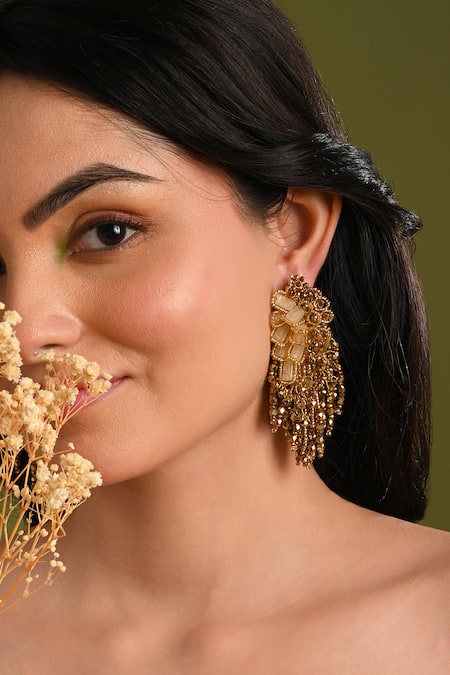 Shop_House Of D"Oro_Gold Plated Beads, Stones Thaleia Beaded Dangling Stud Earrings _Online_at_Aza_Fashions