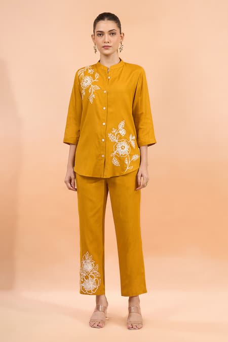 Buy_Naintara Bajaj_Mustard Cotton, Linen Embroidery Mandarin Collar Kurta And Pant Set _Online_at_Aza_Fashions