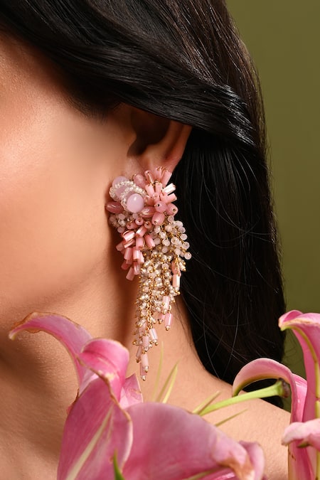 House Of D"Oro Pink Beads, Stones Floree Beaded Cluster Drop Earrings 