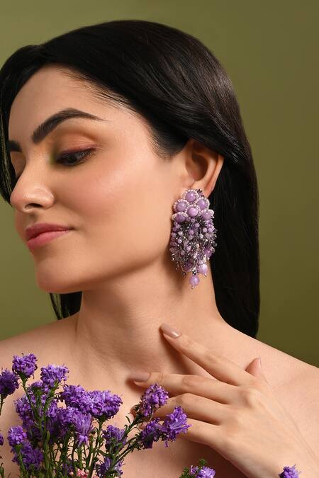 Shop House Of D"Oro Purple Beads, Stones Laventia Beaded Cluster Drop Earrings Online at Aza Fashions Shop_House Of D"Oro_Purple Beads, Stones Laventia Beaded Cluster Drop Earrings _Online_at_Aza_Fashions