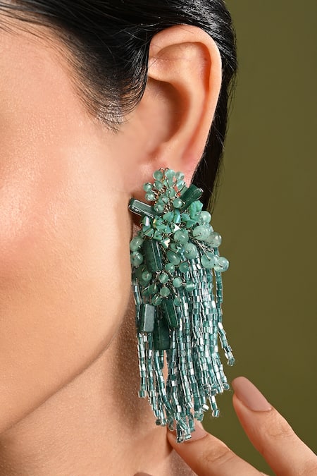 House Of D"Oro Green Beads, Stones Petalia Beaded Tassel Drop Earrings 