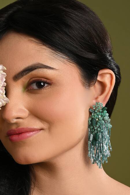 Shop House Of D"Oro Green Beads, Stones Petalia Beaded Tassel Drop Earrings Online at Aza Fashions Shop_House Of D"Oro_Green Beads, Stones Petalia Beaded Tassel Drop Earrings _Online_at_Aza_Fashions