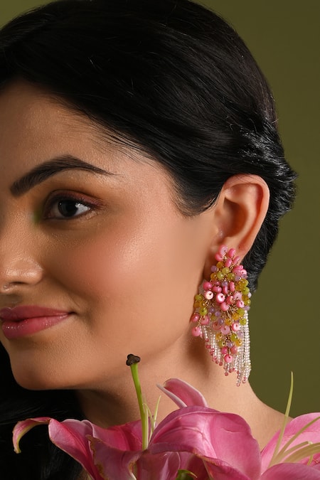 Shop House Of D"Oro Multi Color Beads, Stones Petaline Beaded Cluster Drop Earrings Online at Aza Fashions Shop_House Of D"Oro_Multi Color Beads, Stones Petaline Beaded Cluster Drop Earrings _Online_at_Aza_Fashions