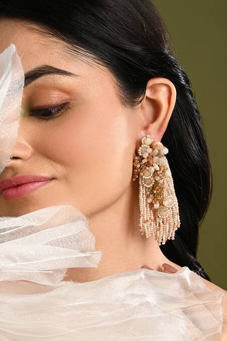 Shop_House Of D"Oro_Peach Beads, Pearls, Stones Blossique Beaded And Embellished Earrings _Online_at_Aza_Fashions