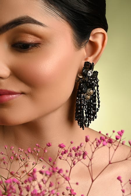 Shop_House Of D"Oro_Black Beads, Stones Blossique Beaded Tassel Embellished Earrings _Online_at_Aza_Fashions
