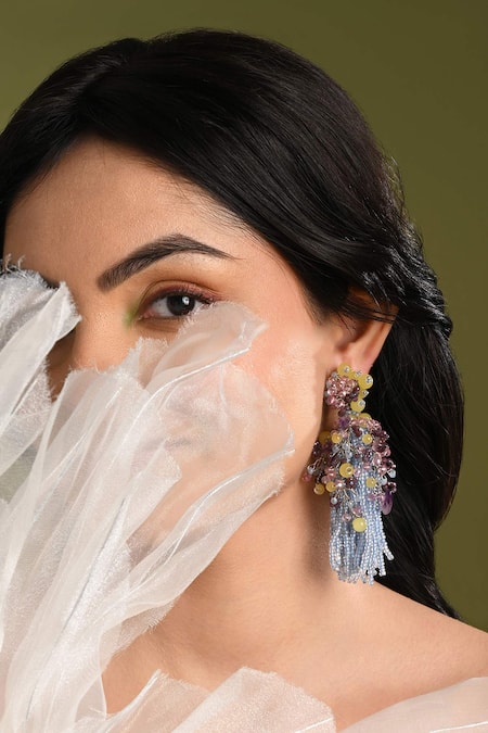 Shop_House Of D"Oro_Multi Color Beads, Stones, Tassels Blossom Beaded Drop Earrings _Online_at_Aza_Fashions