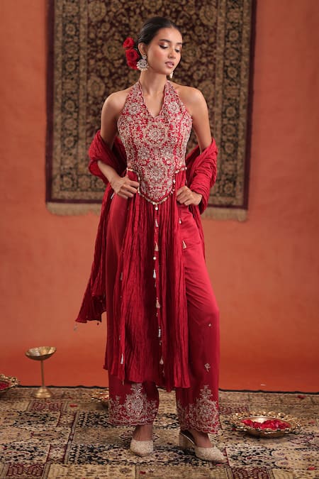 Farha Syed Embroidered Halter Neck Kurta With Pant 