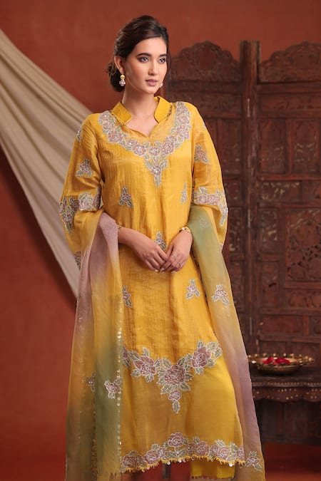 Farha Syed Mustard Chanderi Silk, Tissue, Silk, Organza Embroidery, Sequins, Kurta Pant Set Online at Aza Fashions Farha Syed_Mustard Chanderi Silk, Tissue, Silk, Organza Embroidery, Sequins, Kurta Pant Set _Online_at_Aza_Fashions