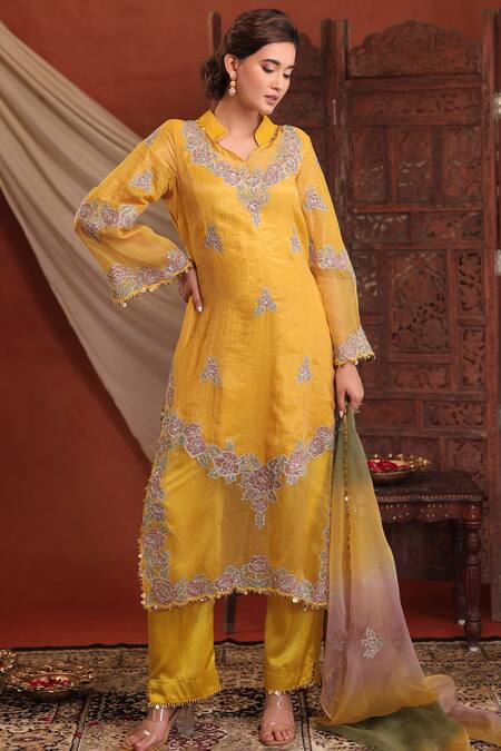 Buy Farha Syed Mustard Chanderi Silk, Tissue, Silk, Organza Embroidery, Sequins, Kurta Pant Set Online at Aza Fashions Buy_Farha Syed_Mustard Chanderi Silk, Tissue, Silk, Organza Embroidery, Sequins, Kurta Pant Set _Online_at_Aza_Fashions