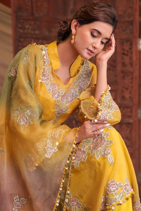 Shop Farha Syed Mustard Chanderi Silk, Tissue, Silk, Organza Embroidery, Sequins, Kurta Pant Set Online at Aza Fashions Shop_Farha Syed_Mustard Chanderi Silk, Tissue, Silk, Organza Embroidery, Sequins, Kurta Pant Set _Online_at_Aza_Fashions