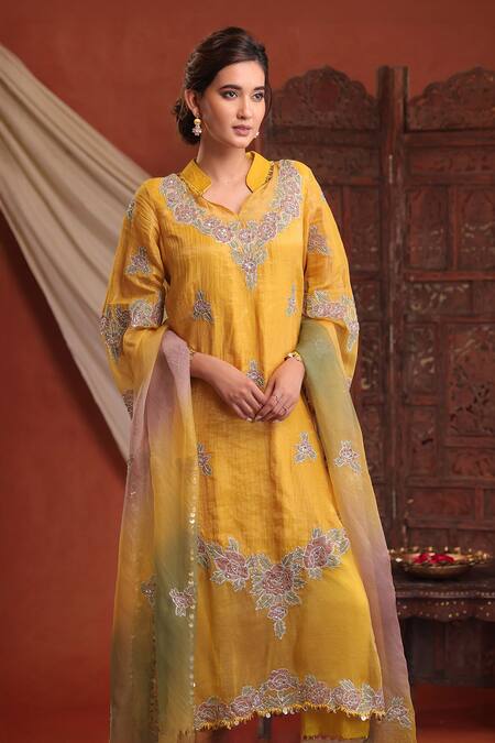 Buy Farha Syed Mustard Chanderi Silk, Tissue, Silk, Organza Embroidery, Sequins, Kurta Pant Set Buy_Farha Syed_Mustard Chanderi Silk, Tissue, Silk, Organza Embroidery, Sequins, Kurta Pant Set
