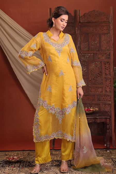Shop Farha Syed Mustard Chanderi Silk, Tissue, Silk, Organza Embroidery, Sequins, Kurta Pant Set Shop_Farha Syed_Mustard Chanderi Silk, Tissue, Silk, Organza Embroidery, Sequins, Kurta Pant Set