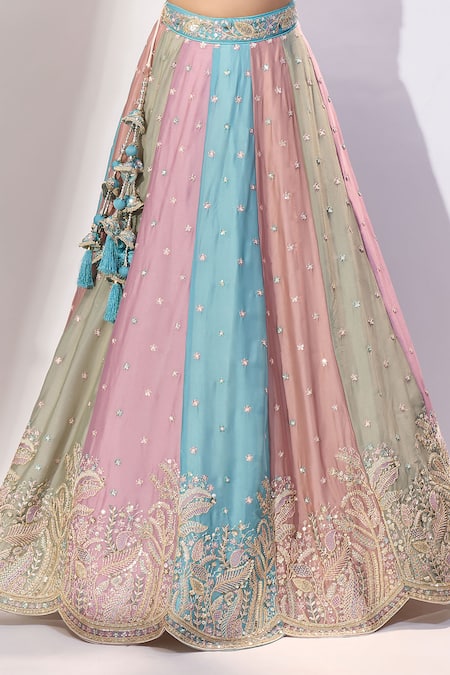 Samyukta Singhania_Pink Georgette Sequins, Stones, Embroidery, Zari V-neck, Paneled Lehenga Set _Online_at_Aza_Fashions