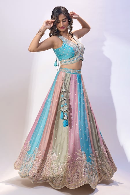 Shop_Samyukta Singhania_Pink Georgette Sequins, Stones, Embroidery, Zari V-neck, Paneled Lehenga Set _Online_at_Aza_Fashions
