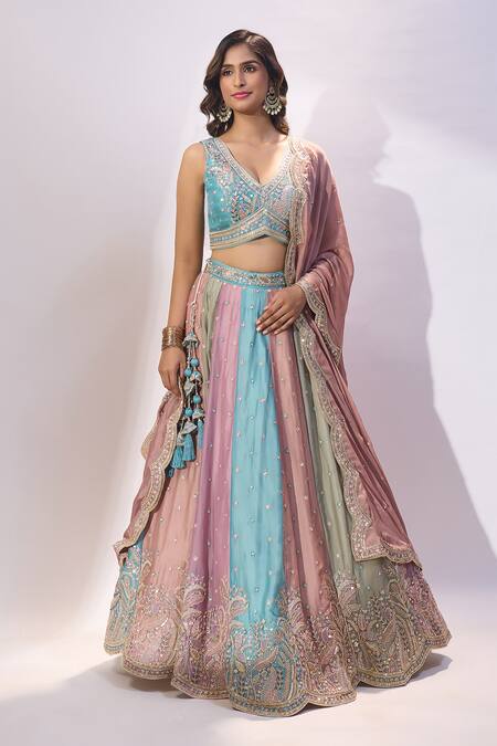 Samyukta Singhania_Pink Georgette Sequins, Stones, Embroidery, Zari V-neck, Paneled Lehenga Set _at_Aza_Fashions