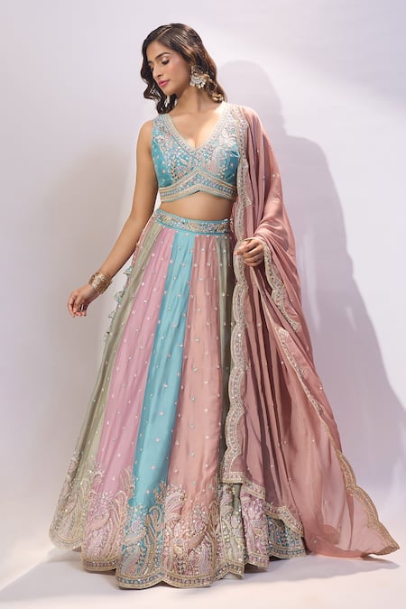Buy_Samyukta Singhania_Pink Georgette Sequins, Stones, Embroidery, Zari V-neck, Paneled Lehenga Set 