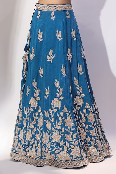 Samyukta Singhania_Teal Silk Embroidery, Sequins, Zari V-, Scoop Blouse Lehenga Set _Online_at_Aza_Fashions