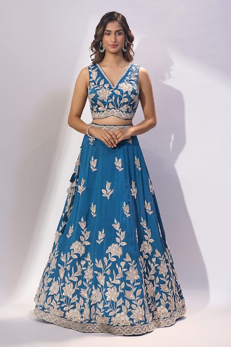 Buy_Samyukta Singhania_Teal Silk Embroidery, Sequins, Zari V-, Scoop Blouse Lehenga Set _Online_at_Aza_Fashions