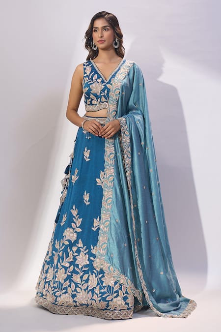Shop_Samyukta Singhania_Teal Silk Embroidery, Sequins, Zari V-, Scoop Blouse Lehenga Set _Online_at_Aza_Fashions