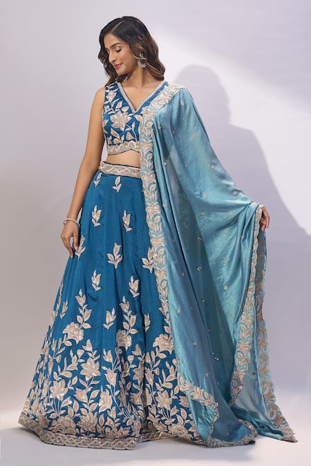 Samyukta Singhania_Teal Silk Embroidery, Sequins, Zari V-, Scoop Blouse Lehenga Set _at_Aza_Fashions
